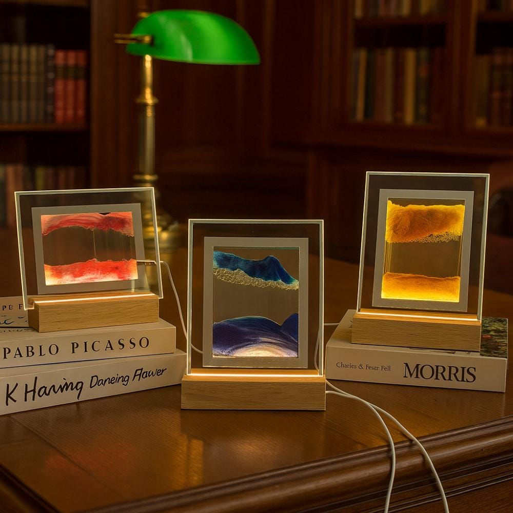 3d Moving Sandscape Lamp, Engraved Wooden Base, Led Night Light