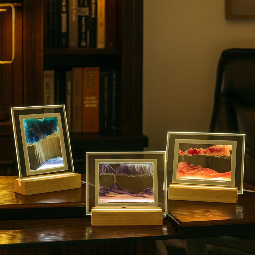 3d Moving Sandscape Lamp, Engraved Wooden Base, Led Night Light